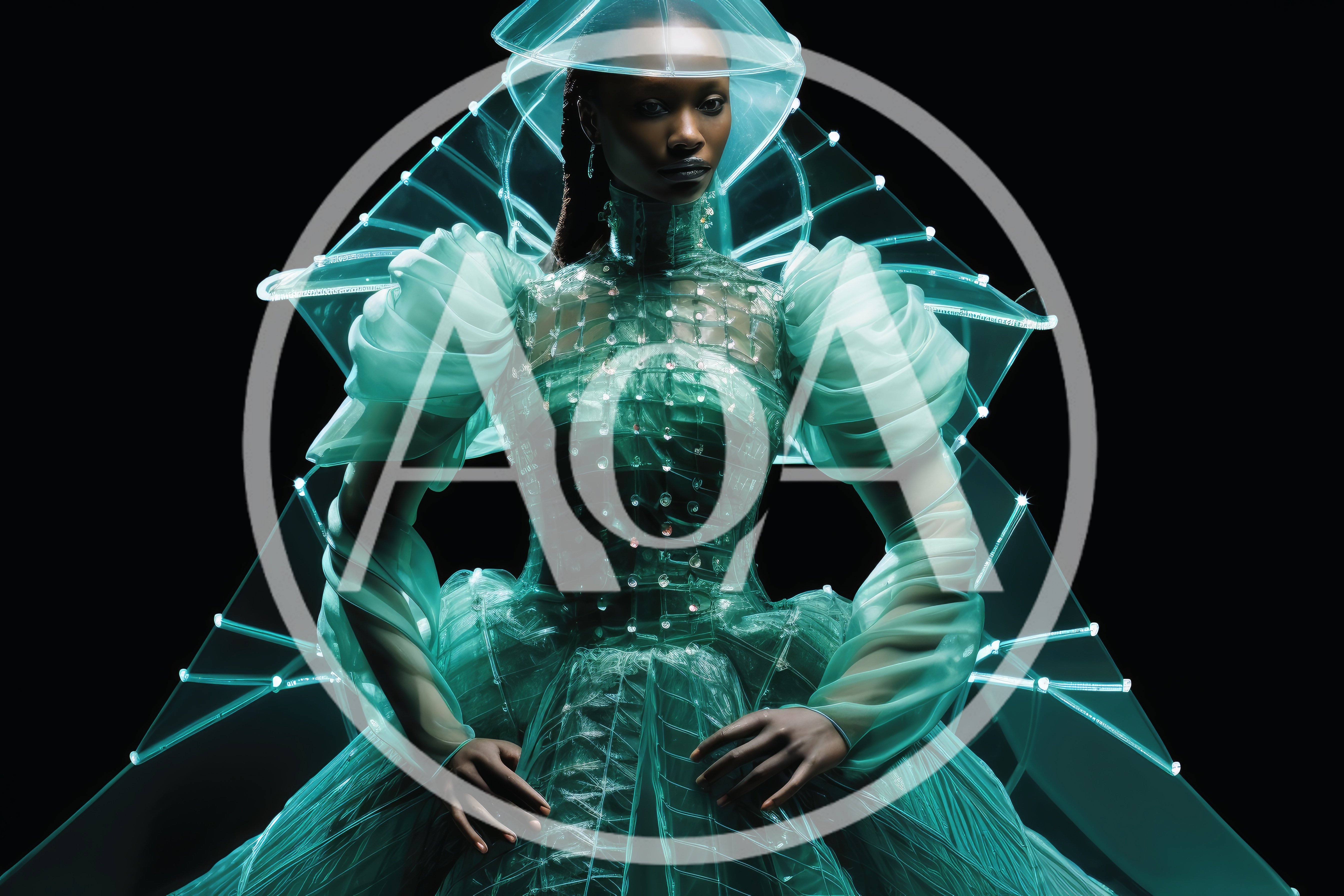 Futuristic Fashion Model In Glowing Translucent Architectural Gown
