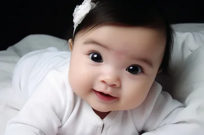 Adorable Baby Girl With White Headband Lying Down