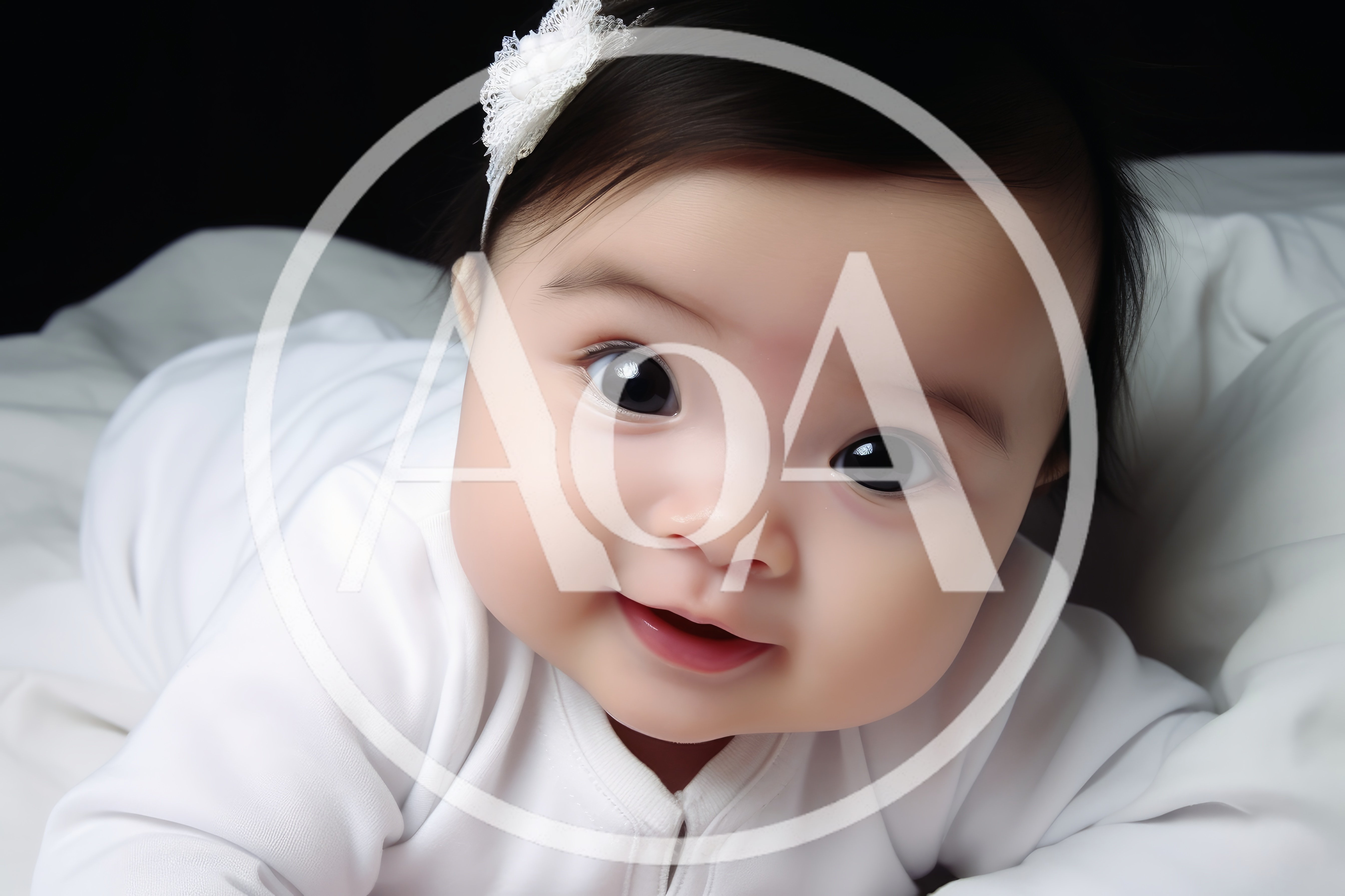 Adorable Baby Girl With White Headband Lying Down