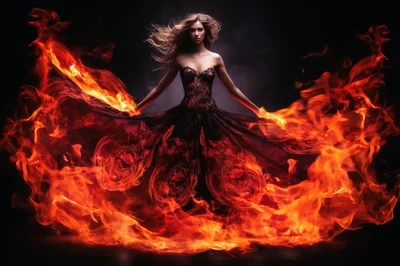 Woman In A Flowing Dress Surrounded By Fire