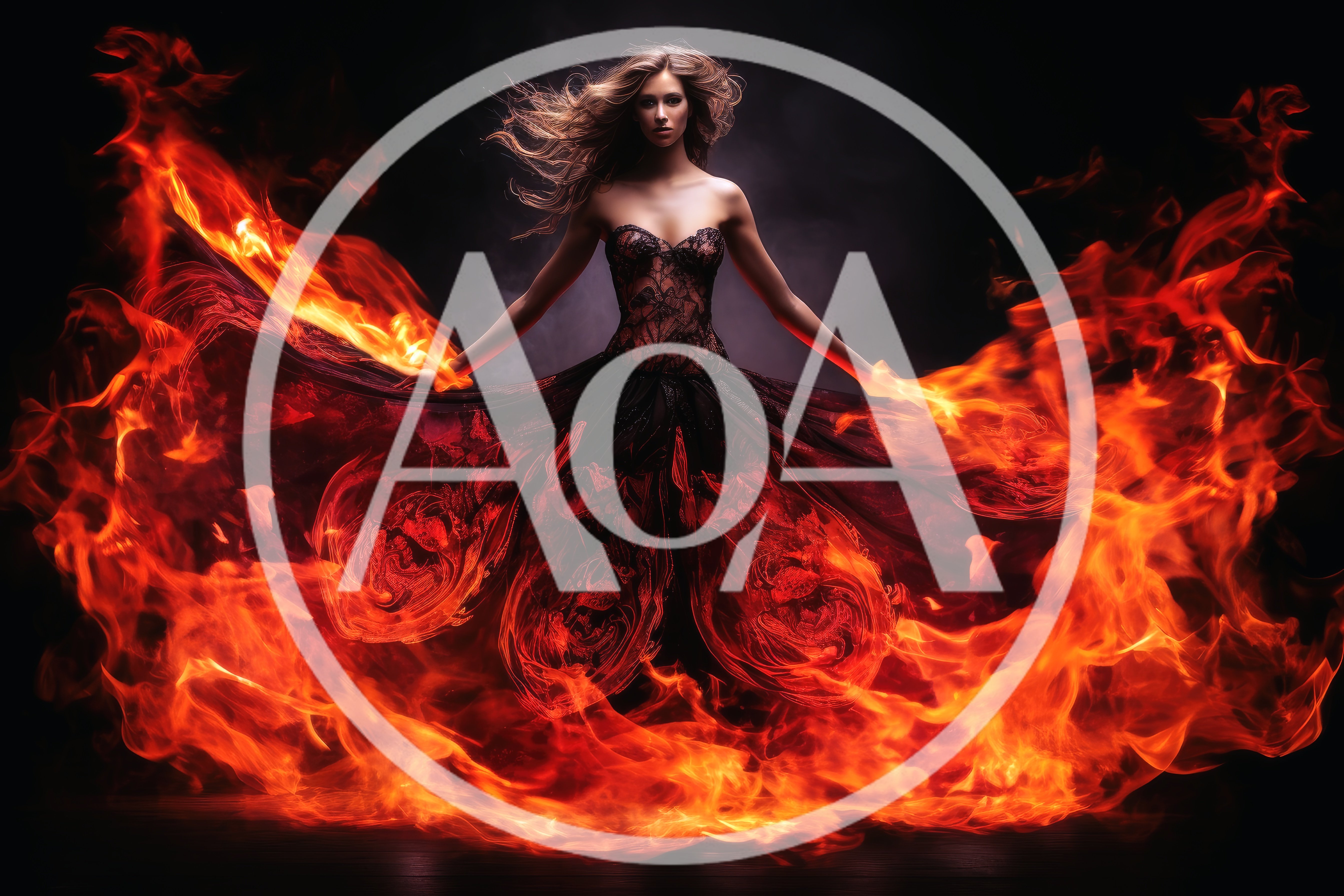 Woman In A Flowing Dress Surrounded By Fire