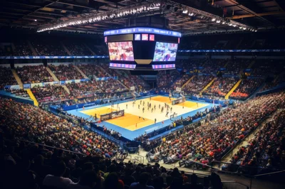 Volleyball Match In A Crowded Indoor Sports Arena