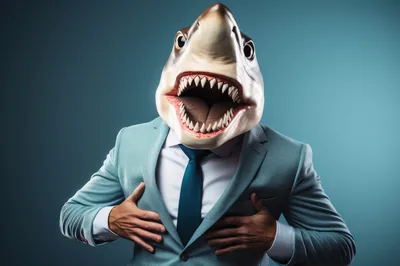 Man Wearing Shark Mask In Business Suit
