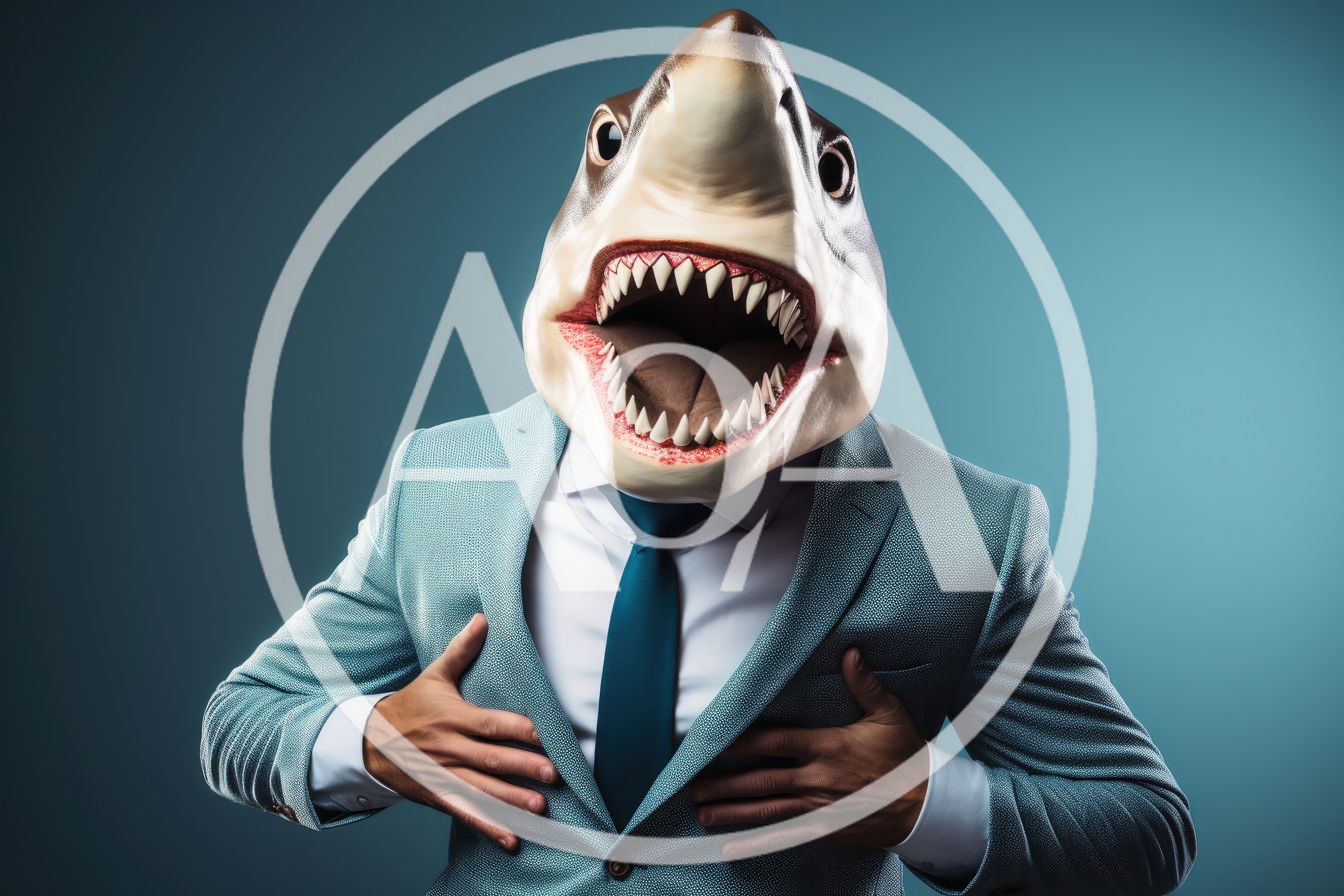 Man Wearing Shark Mask In Business Suit