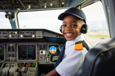 Young Boy Dressed As Pilot In Airplane Cockpit