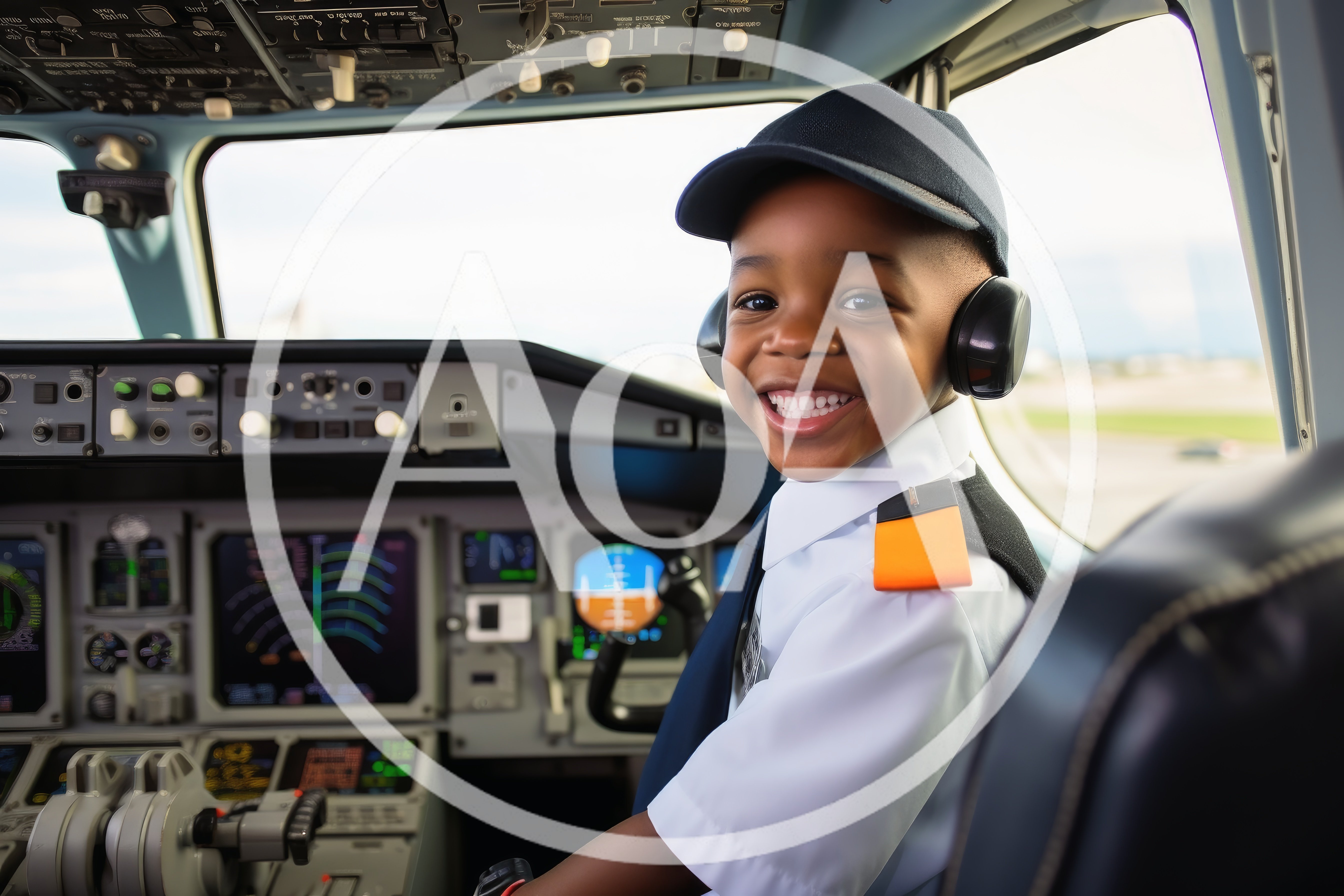 Young Boy Dressed As Pilot In Airplane Cockpit