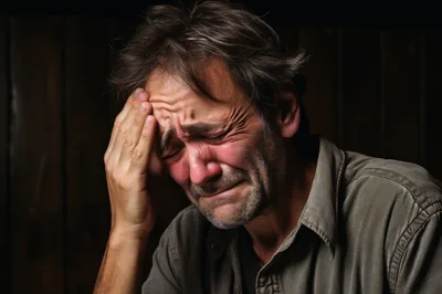 Distressed Middle Aged Man Crying With Hand On Forehead