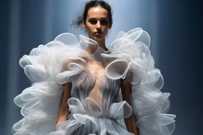 Model Wearing Avant Garde White Ruffled Fashion Dress