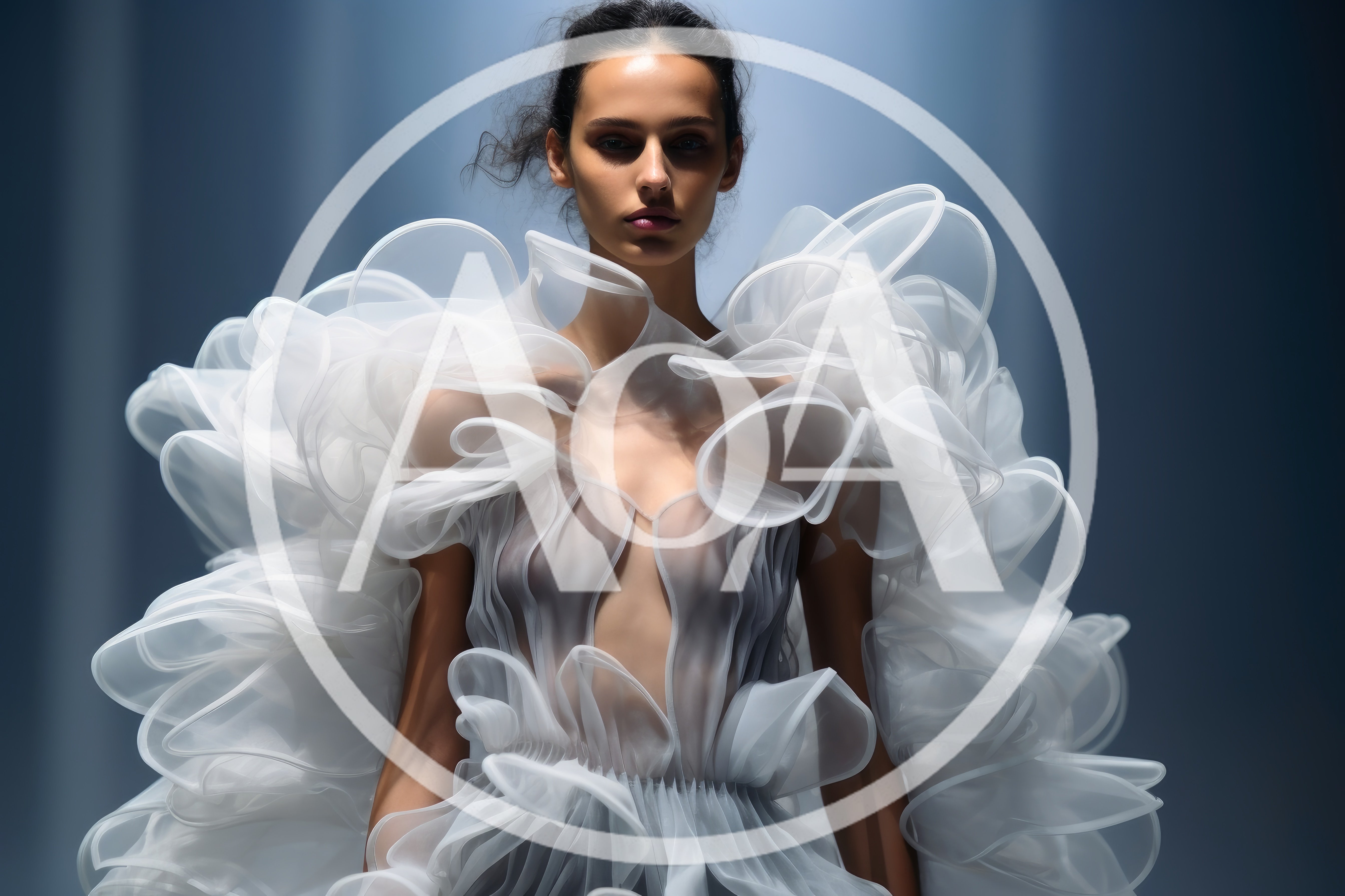Model Wearing Avant Garde White Ruffled Fashion Dress