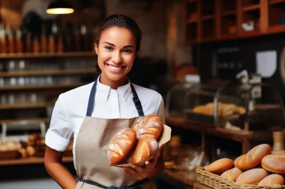 Smiling Female Baker Holding Fresh Bread In Bakery