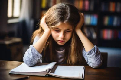 Stressed Young Girl Studying at a Library Desk
