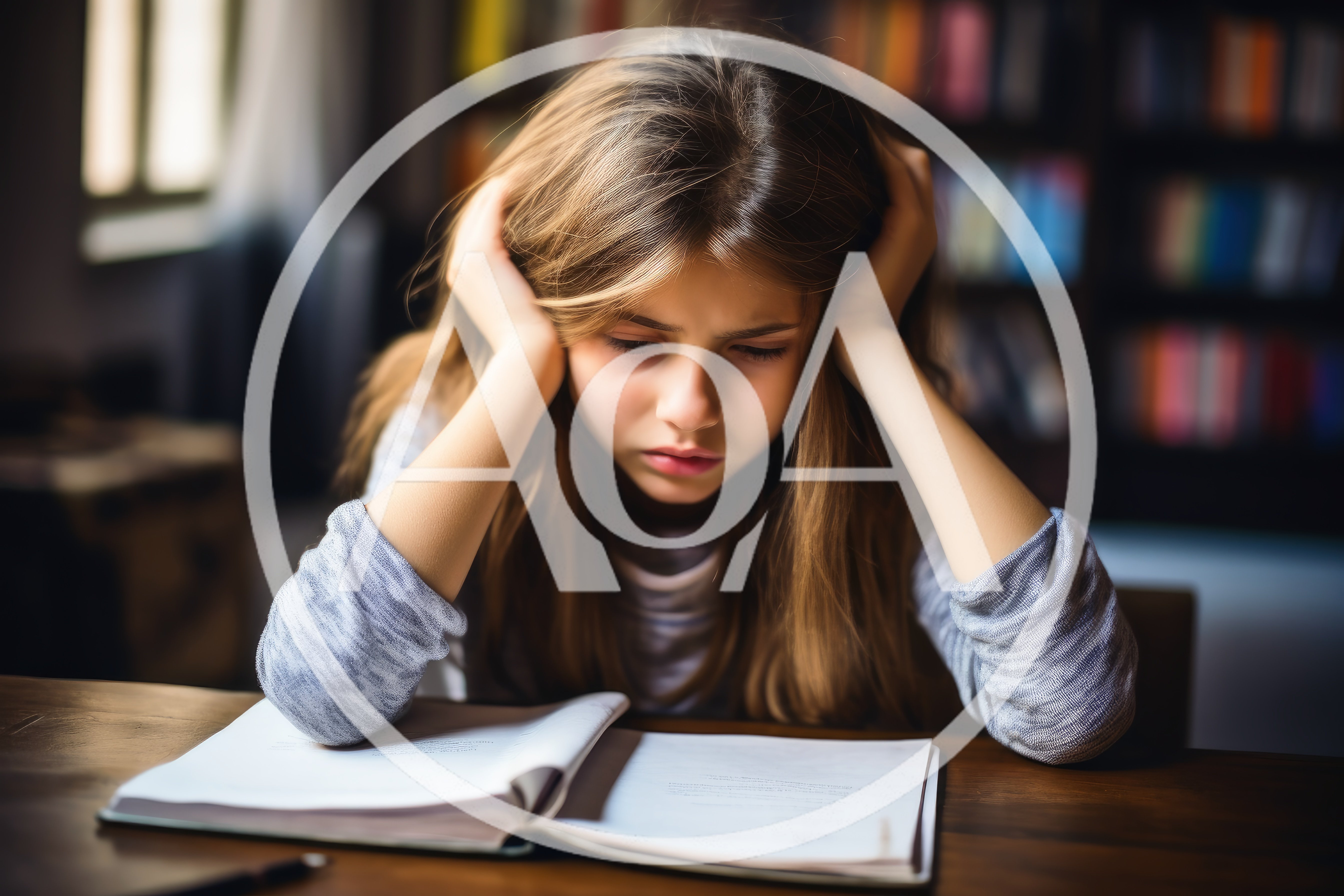 Stressed Young Girl Studying at a Library Desk