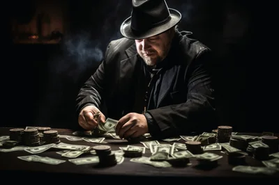 Man In Fedora Counting Cash At Dark Table