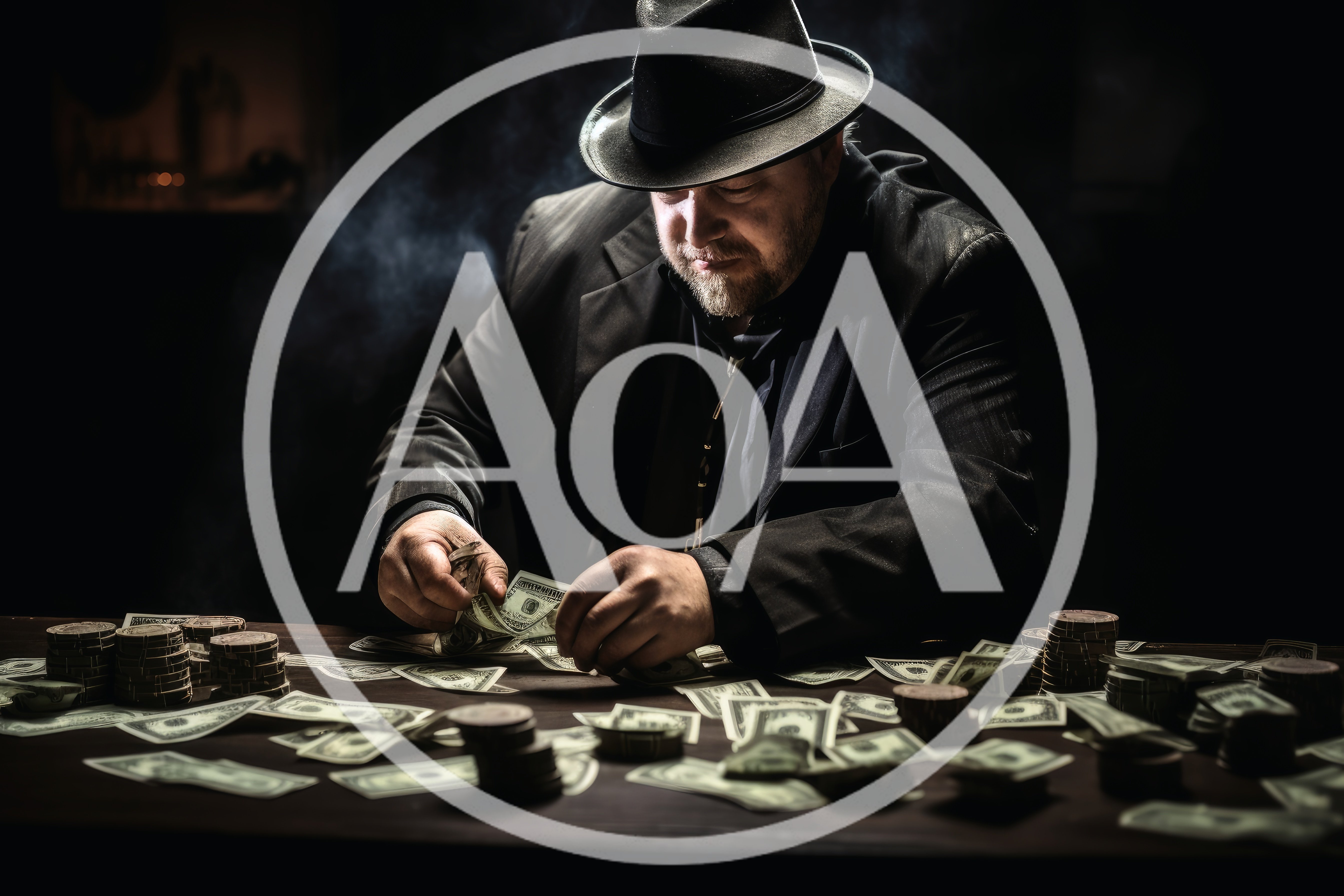 Man In Fedora Counting Cash At Dark Table