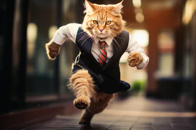 Business Cat Running Through An Office Hallway