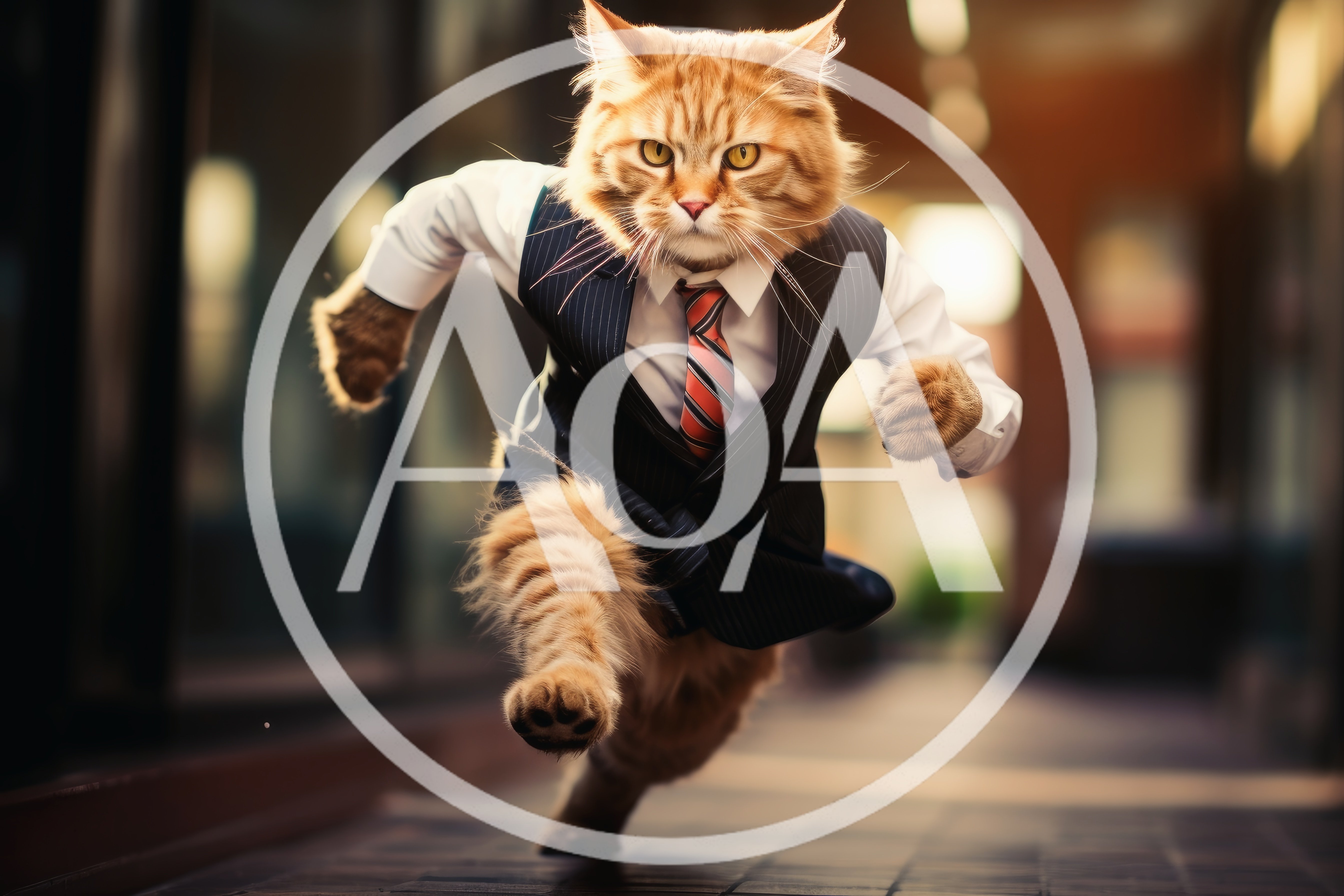 Business Cat Running Through An Office Hallway