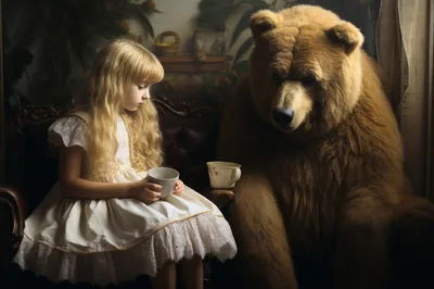 Young Girl Having Tea With A Large Brown Bear