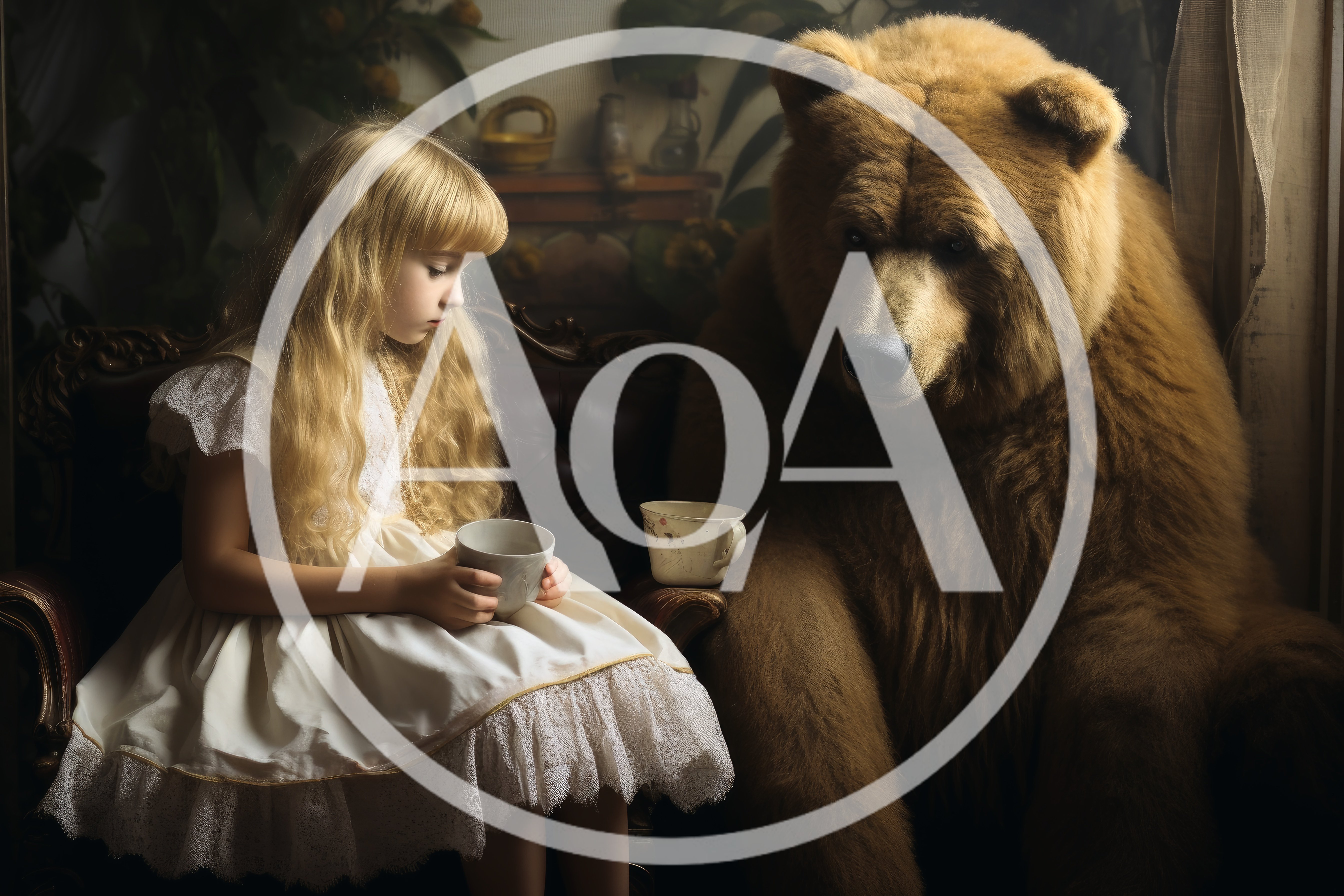 Young Girl Having Tea With A Large Brown Bear