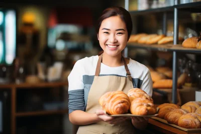 Smiling Asian Baker Holding Freshly Baked Croissants