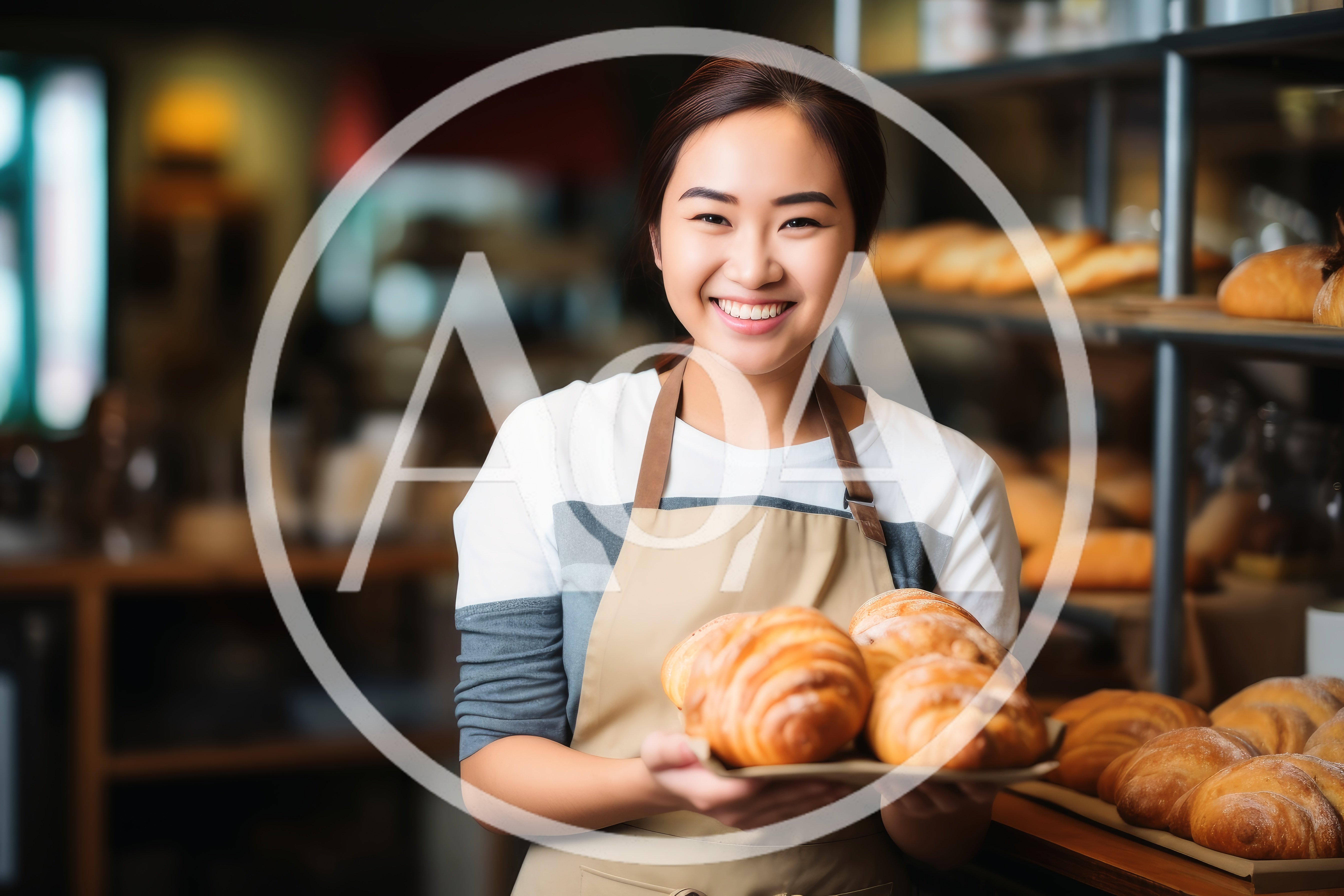 Smiling Asian Baker Holding Freshly Baked Croissants