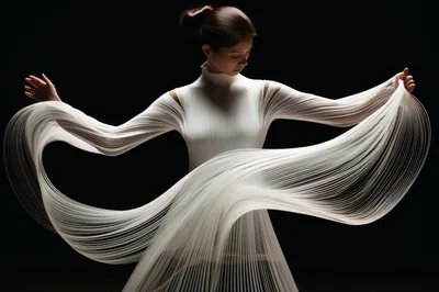 Elegant Woman Dancing In A Sculptural White Pleated Dress