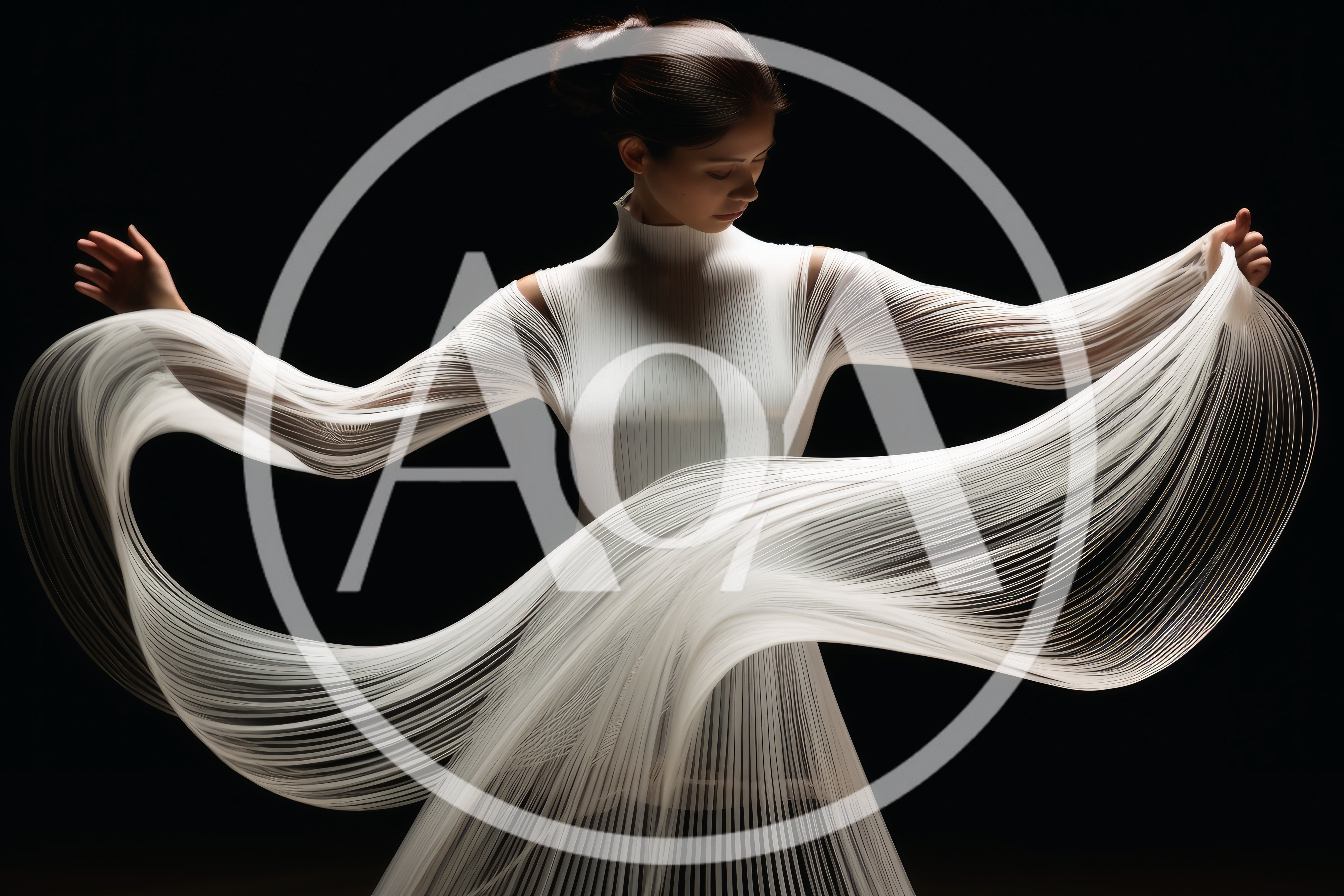 Elegant Woman Dancing In A Sculptural White Pleated Dress