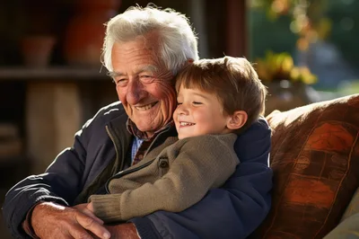 Elderly Grandfather Embracing His Young Grandson Outdoors