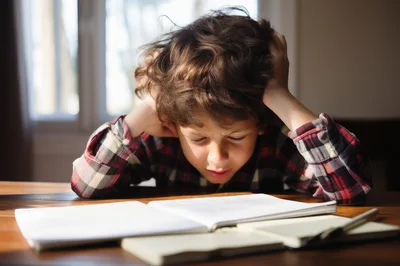 Stressed Young Boy Studying at Home