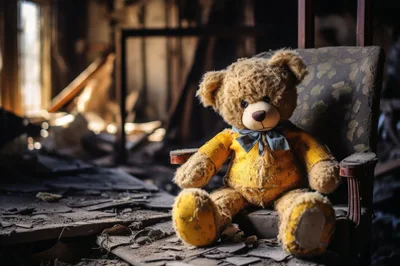 Worn Teddy Bear Sitting In Abandoned Dilapidated Room