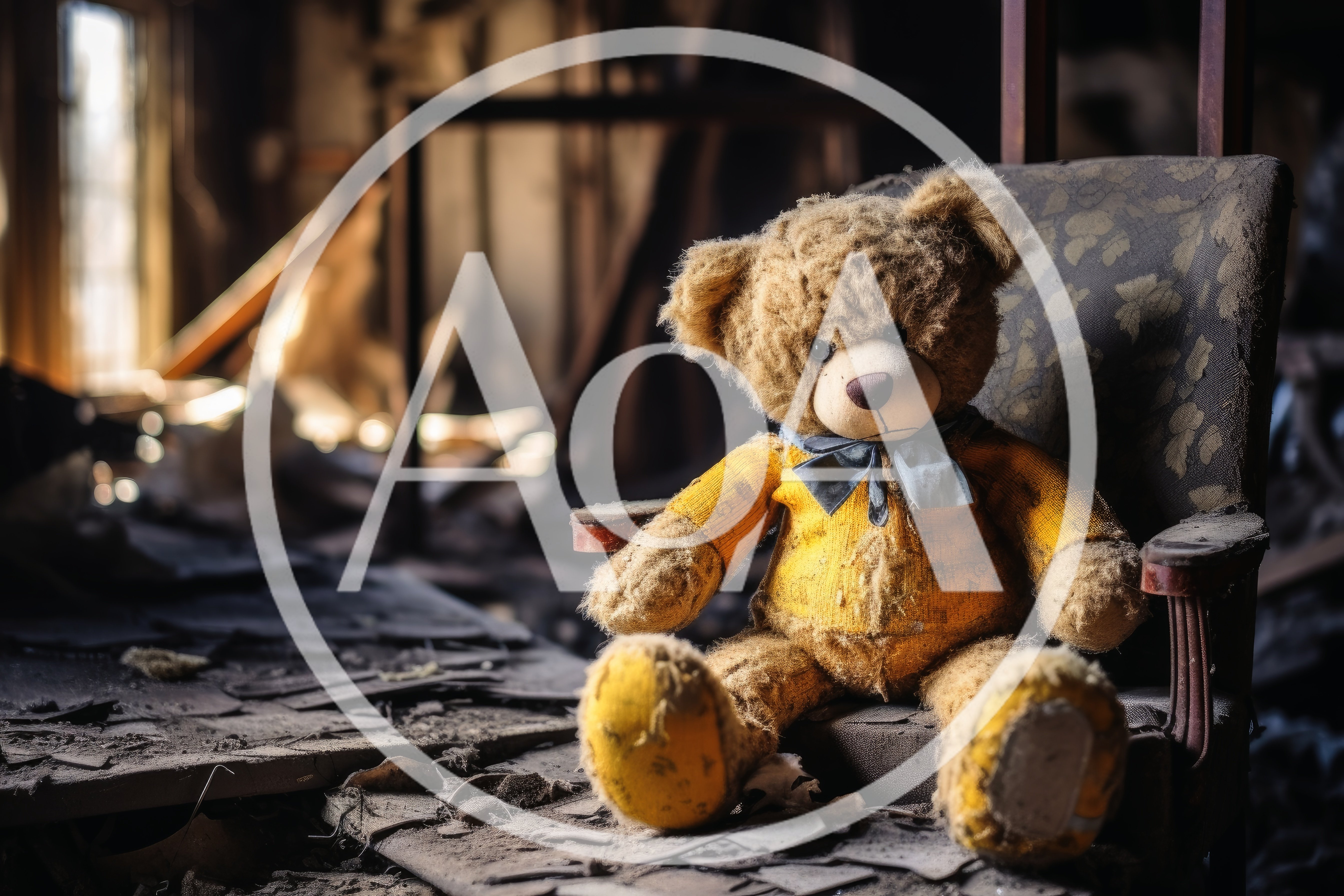 Worn Teddy Bear Sitting In Abandoned Dilapidated Room