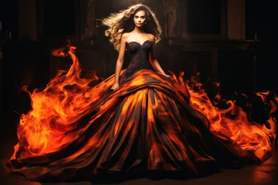 Woman Wearing A Dramatic Fire Themed Ball Gown