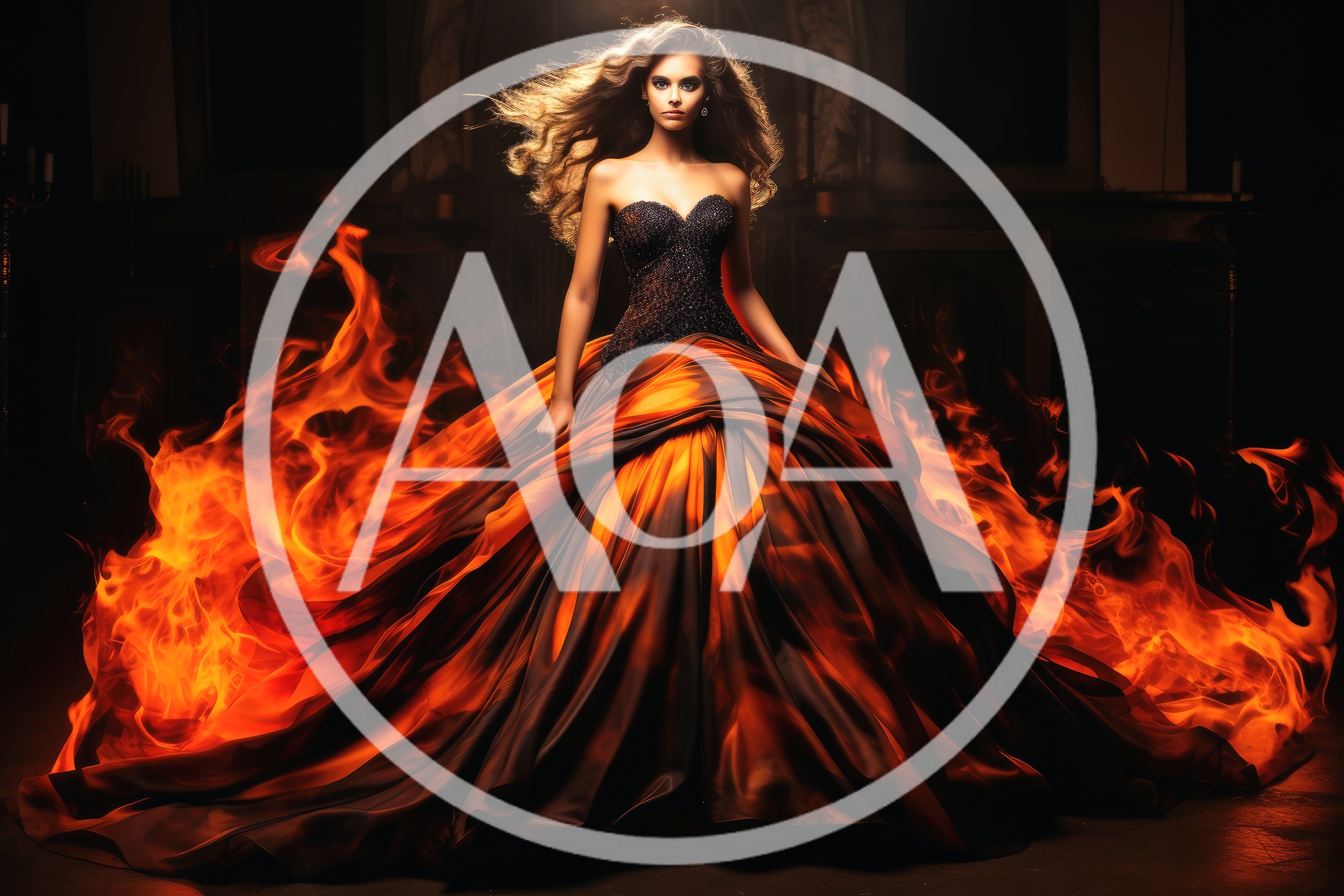Woman Wearing A Dramatic Fire Themed Ball Gown