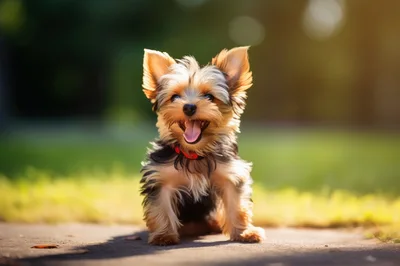 Adorable Yorkshire Terrier Puppy Sitting Outdoors