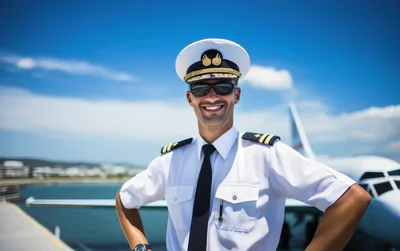 Smiling Airline Pilot Standing In Front Of Airplane