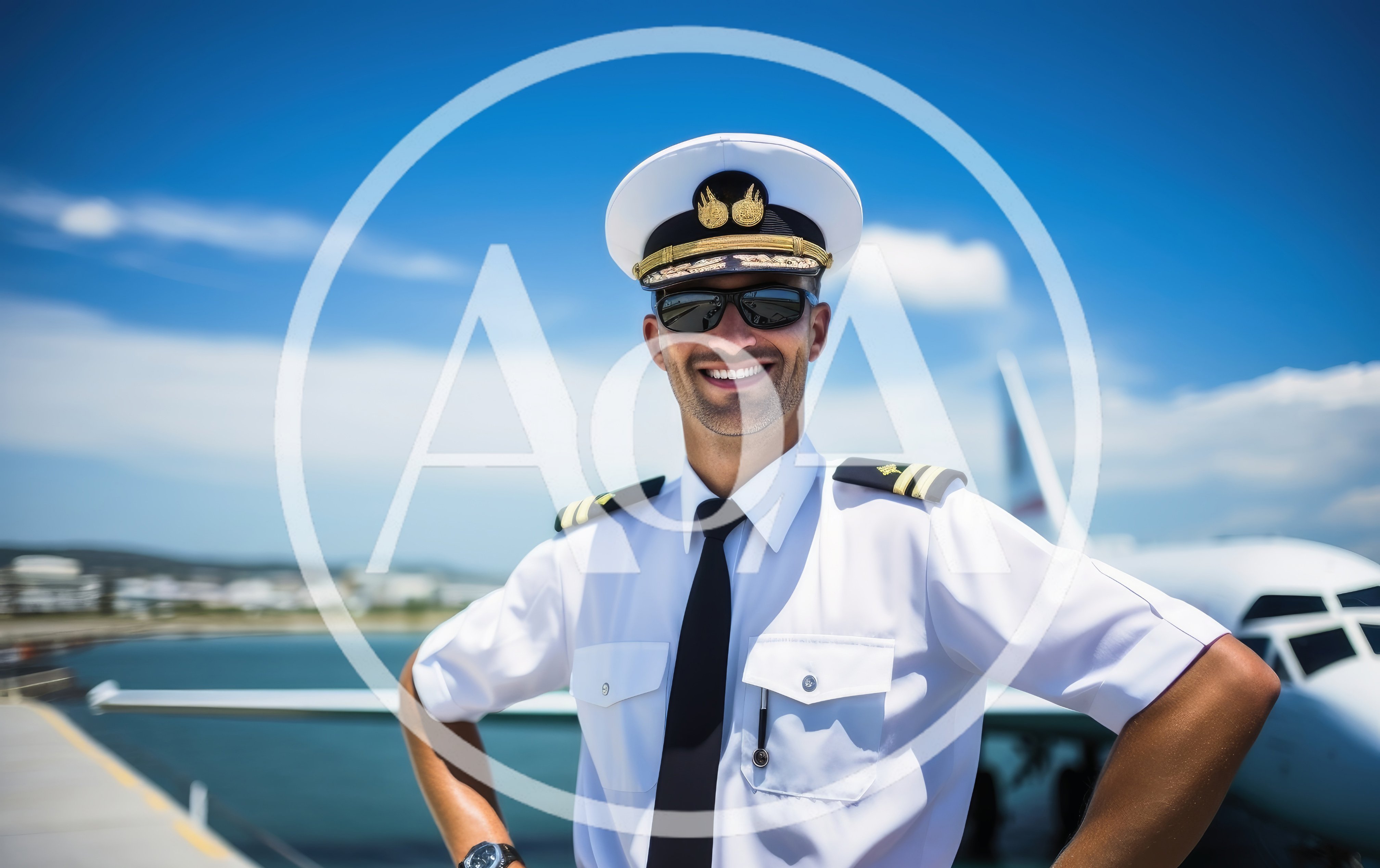 Smiling Airline Pilot Standing In Front Of Airplane