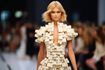 Fashion Model Wearing Avant Garde Geometric Cube Dress