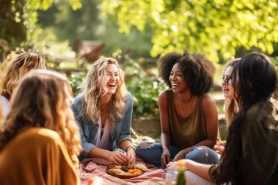 Diverse Group Of Friends Laughing At An Outdoor Picnic