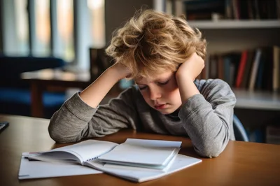 Stressed Young Boy Studying At A Desk