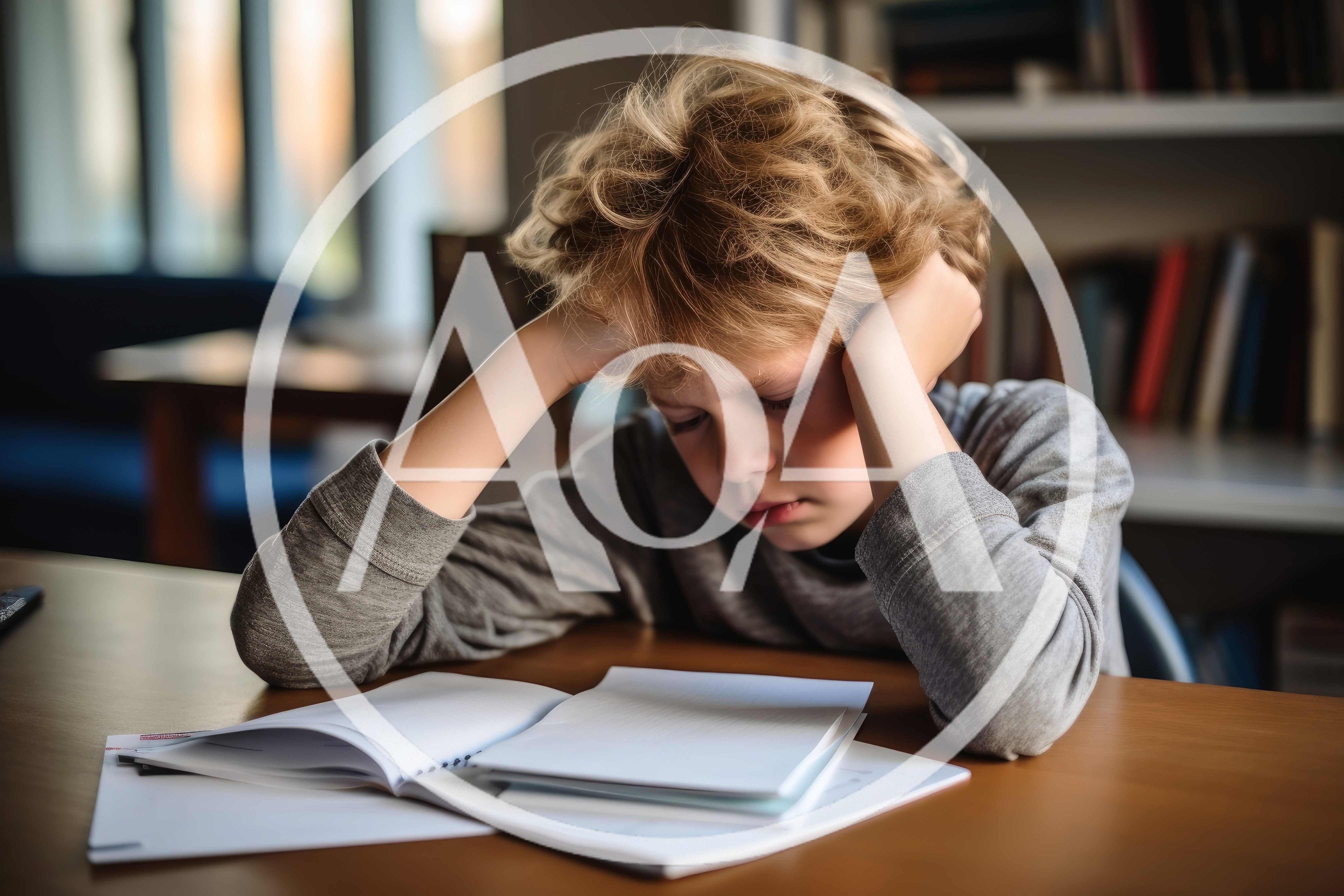Stressed Young Boy Studying At A Desk