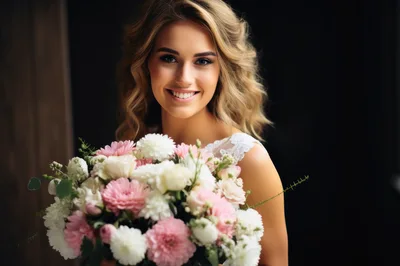 Smiling Blonde Bride Holding A Floral Wedding Bouquet