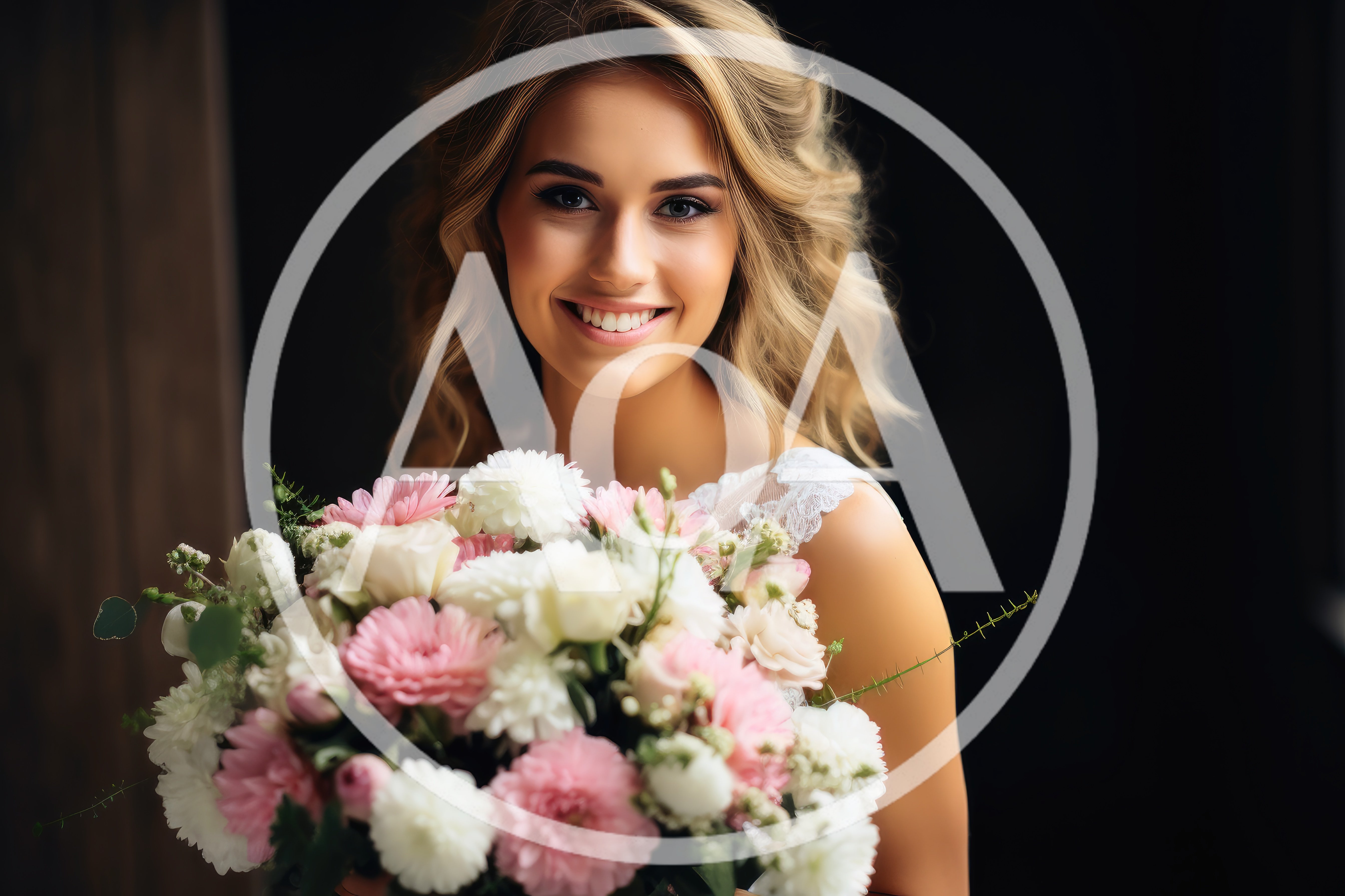 Smiling Blonde Bride Holding A Floral Wedding Bouquet