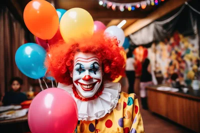 Clown With Red Hair Holding Colorful Balloons