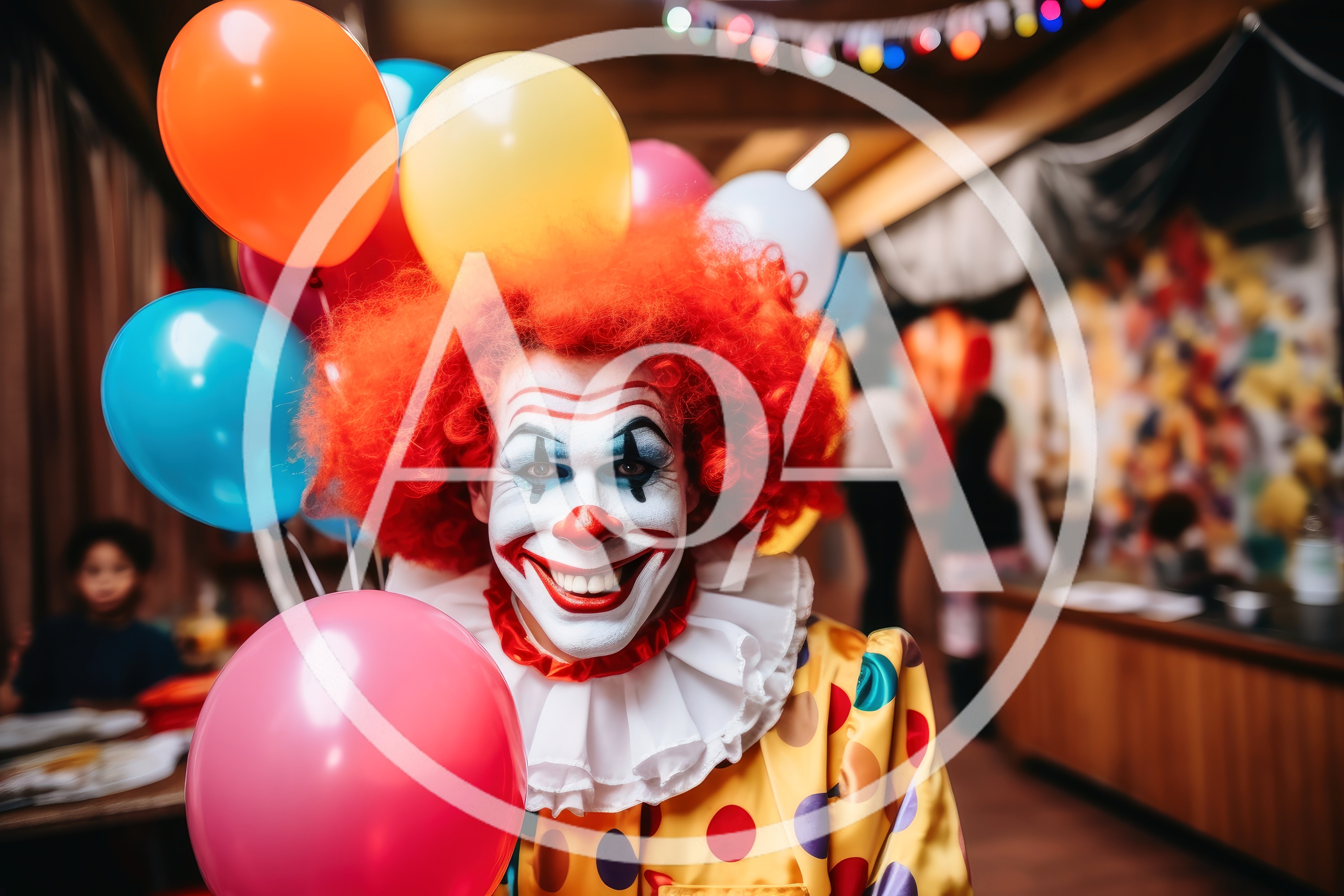 Clown With Red Hair Holding Colorful Balloons