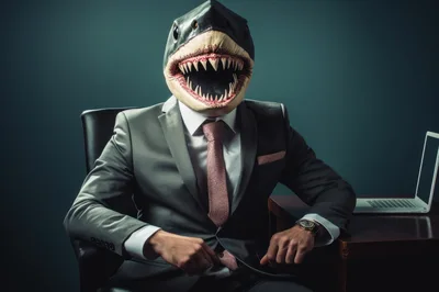 Business Executive Wearing A Shark Mask In Office