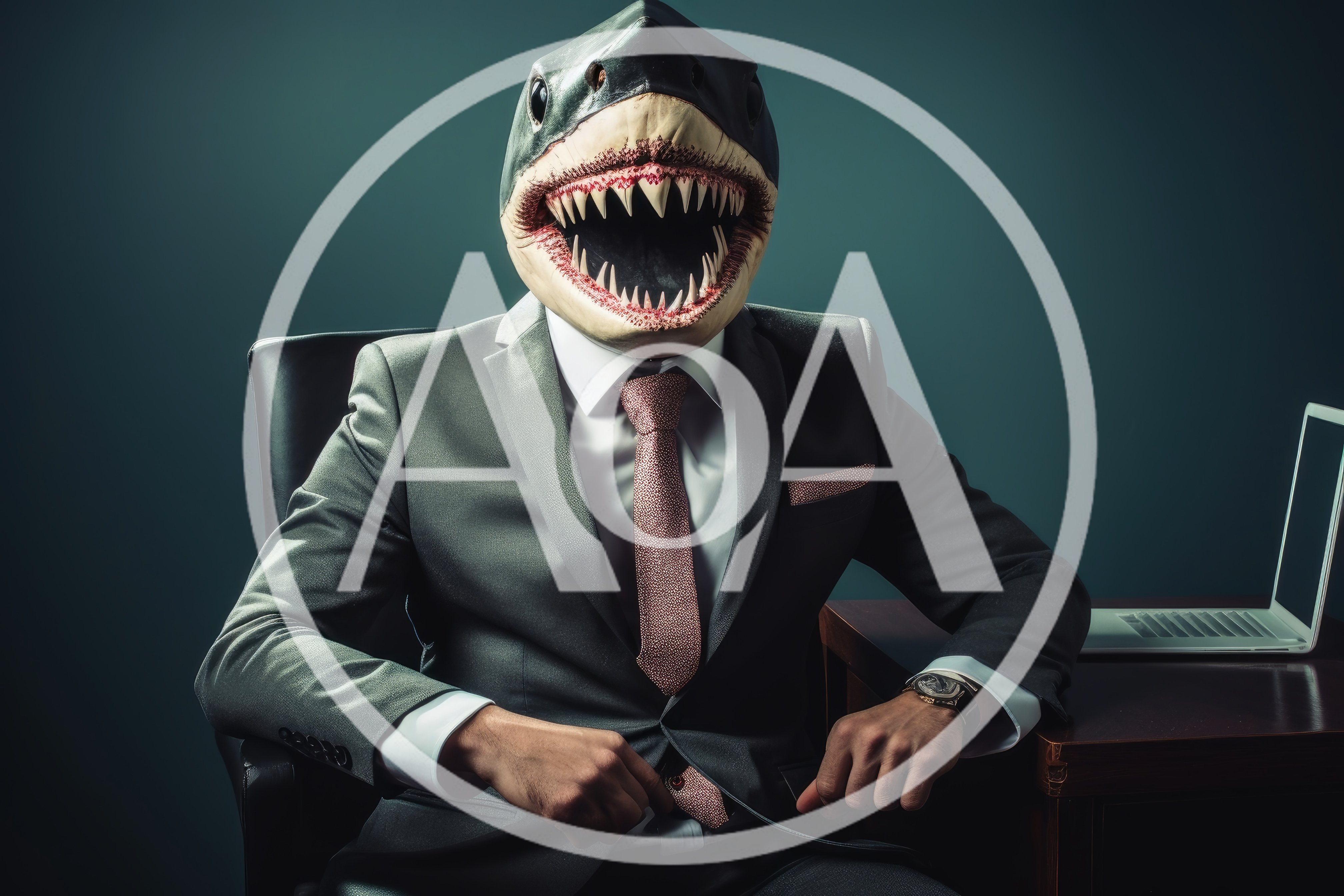 Business Executive Wearing A Shark Mask In Office