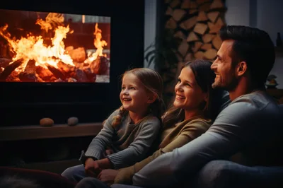 Happy Family Watching Fireplace Together At Home