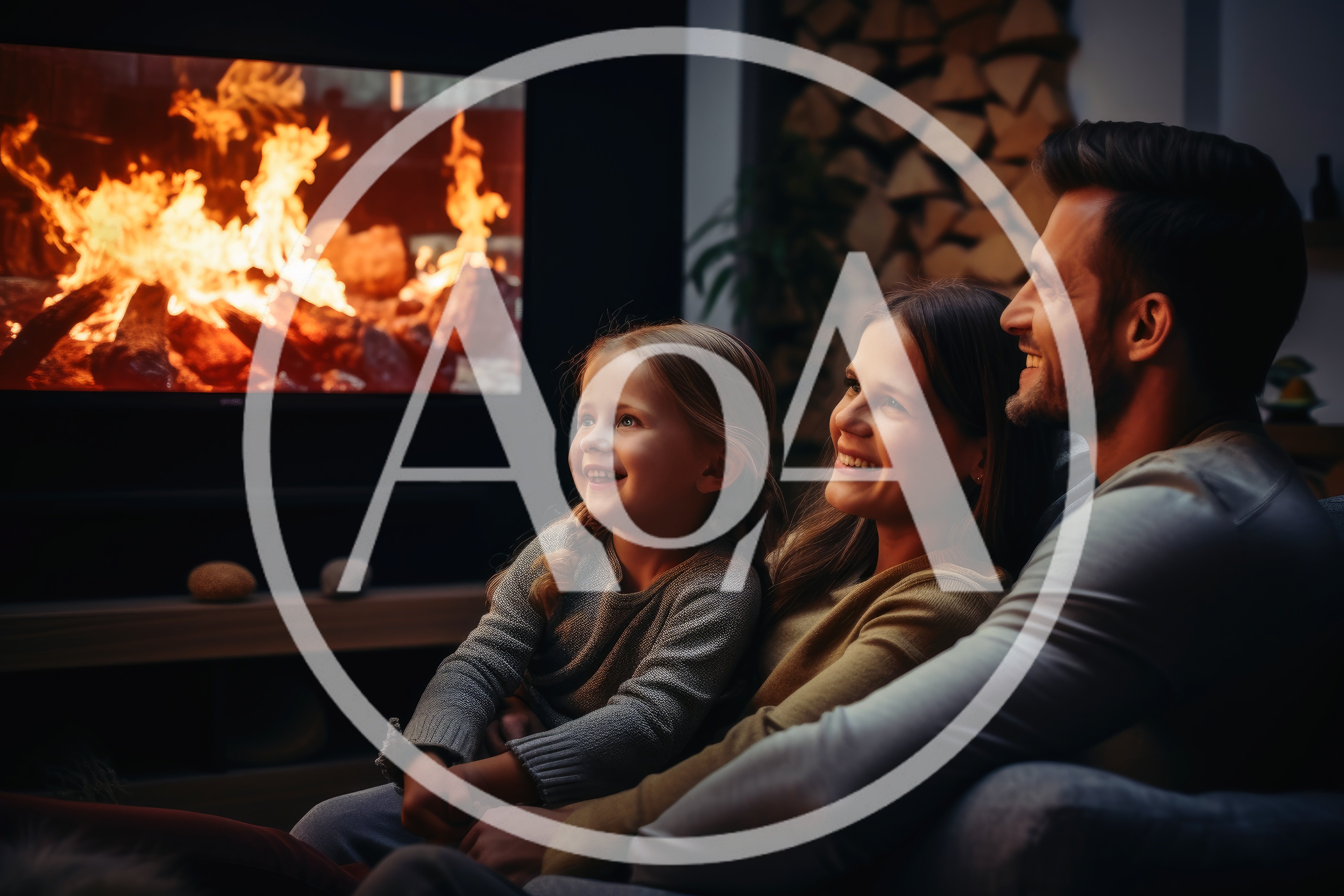 Happy Family Watching Fireplace Together At Home