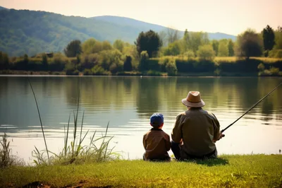 Grandfather and Grandson Fishing Together at a Lake