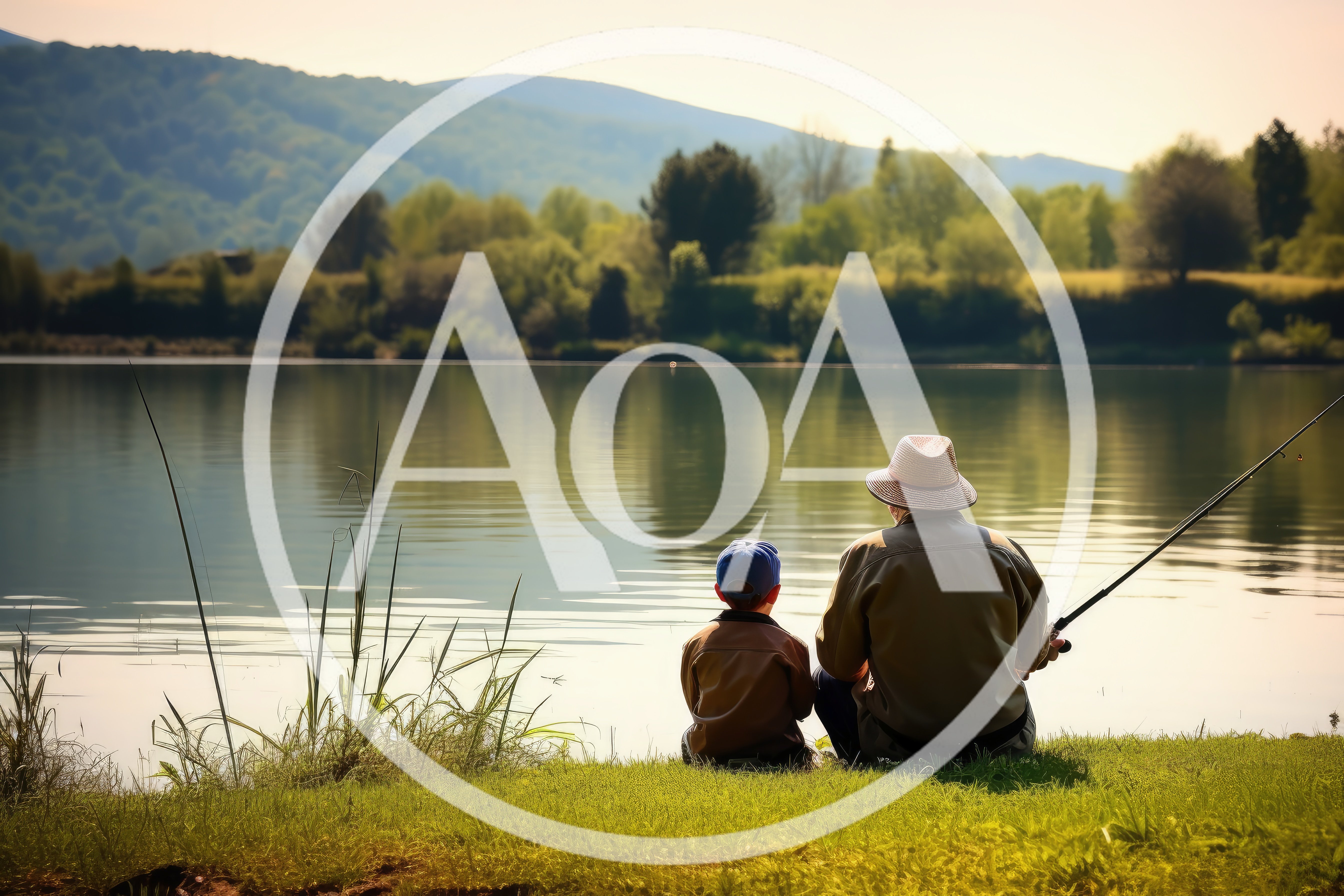 Grandfather and Grandson Fishing Together at a Lake