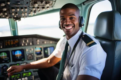 Smiling Pilot Sitting In Airplane Cockpit